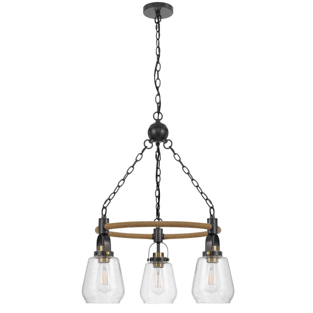 60 W x 3-Light Kavala Metal Antique Brass Chandelier with Burlap Accent and