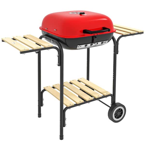 Otryad 17 in. Portable Charcoal Grill with Wheels in Red, 2 Side Tables and Bottom Shelf