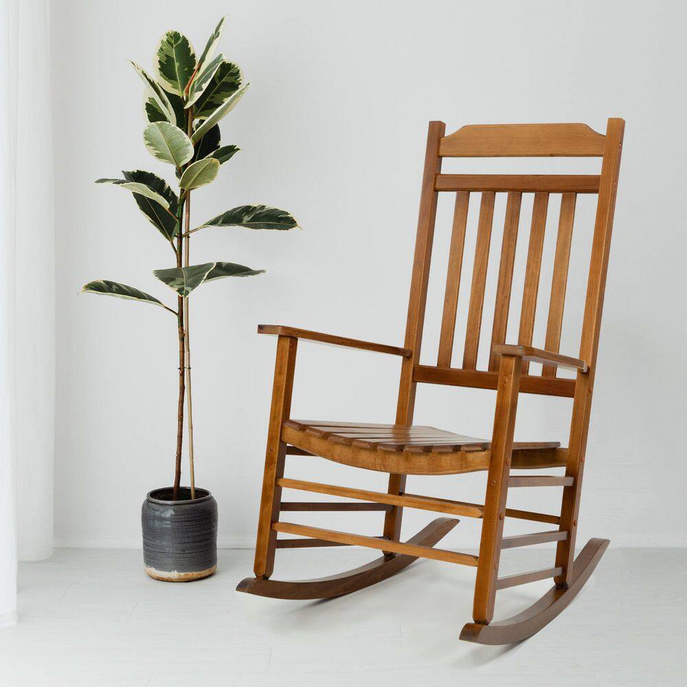 Natural Wood High Back Slat Outdoor Rocking Chair with Arms