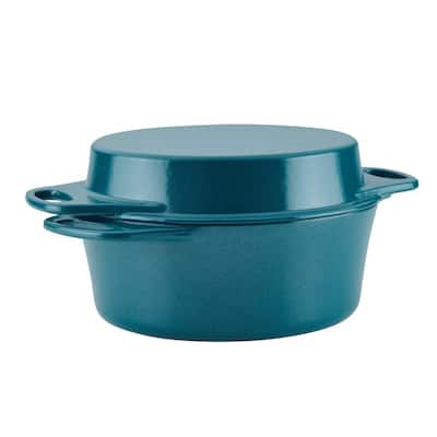 Create Delicious 4 qt. Cast Iron Casserole Dish in Teal Shimmer with Griddle Lid