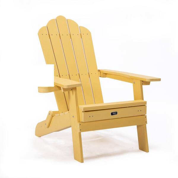 Willit Yellow Folding Plastic Adirondack Chair with Pullout Ottoman, Cup Holder