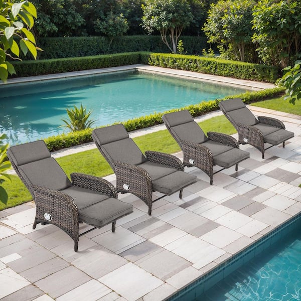 SleekArm Brown 4-Piece Wicker Outdoor Recliner with Gray Cushions and Flat Armrests Patio Chaise Lounge Chairs