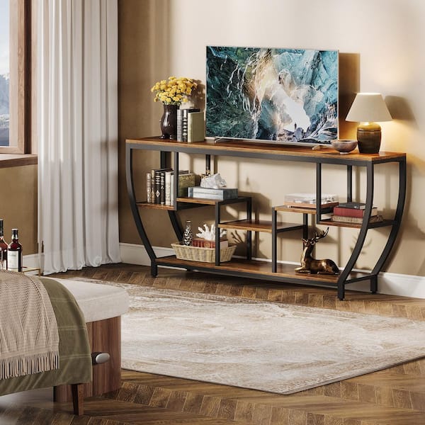 Tabor 70.9 in. Rustic Brown Wood TV Stand Fits TVs up to 55 to 80 in. with Open Storage Shelves Living Room Bedroom