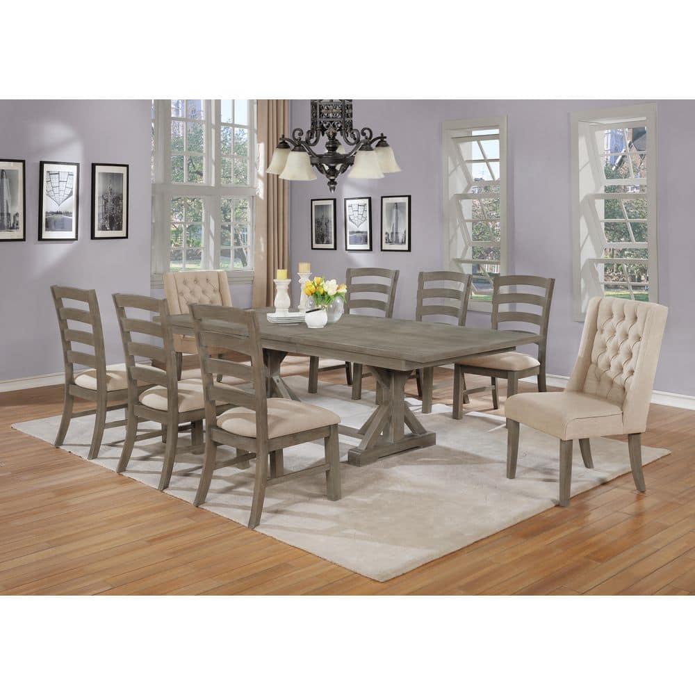 Rustic 9-Piece Beige Linen and Wood Dining Set