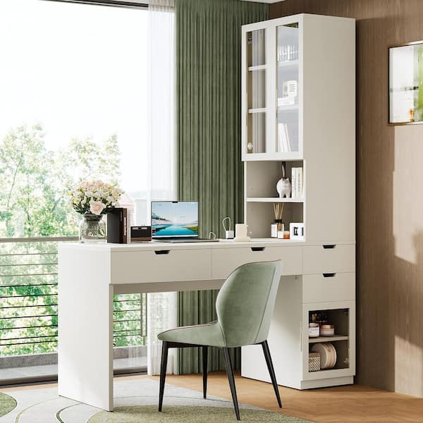 White Makeup Vanity Table with Mirror and Charging Station, Home Office Computer Desk with 3 Drawers, Glass Doors