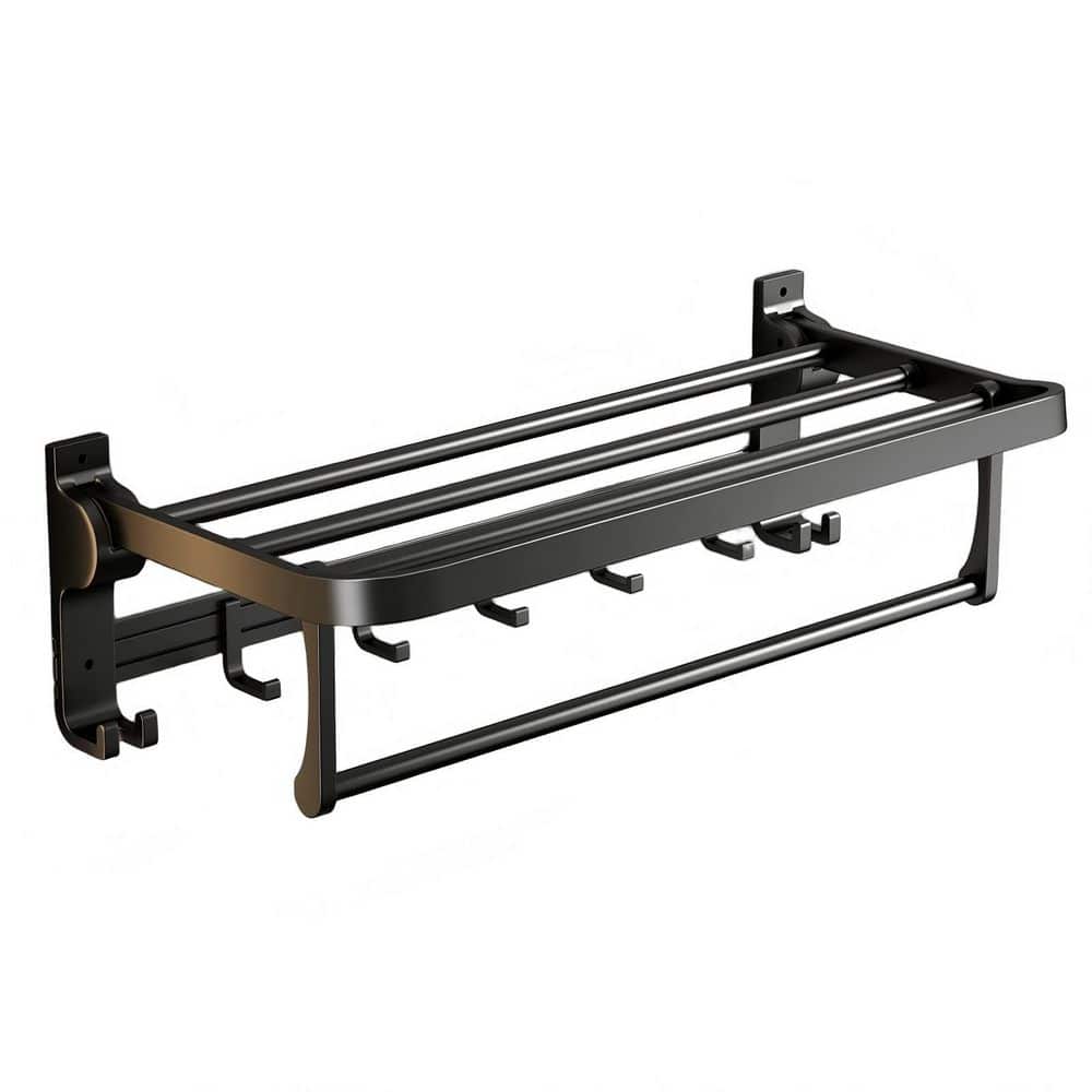 24 in. Towel Rack with 1 Towel Bar Holder, Foldable Towel Shelf with Movable Hooks for Bathroom Lavatory in Matte Black price history on PriceWatchPro