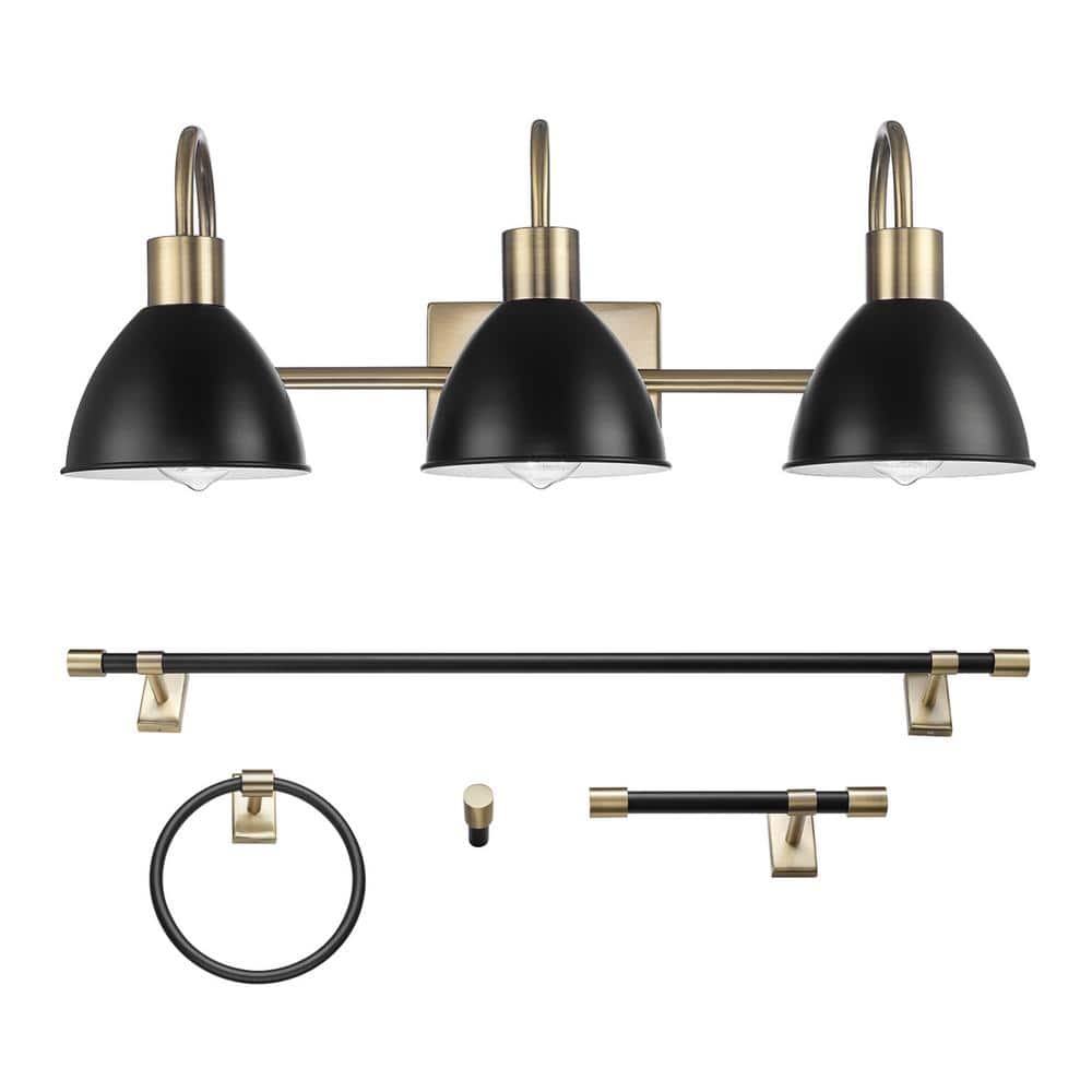 Ivy 24 in. 3-Light Matte Black Vanity Light 5-Piece Bathroom Accessory Set with Black Metal Shades, Matte Brass Accents price history on PriceWatchPro