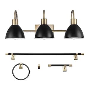 Ivy 24 in. 3-Light Matte Black Vanity Light 5-Piece Bathroom Accessory Set with Black Metal Shades, Matte Brass Accents