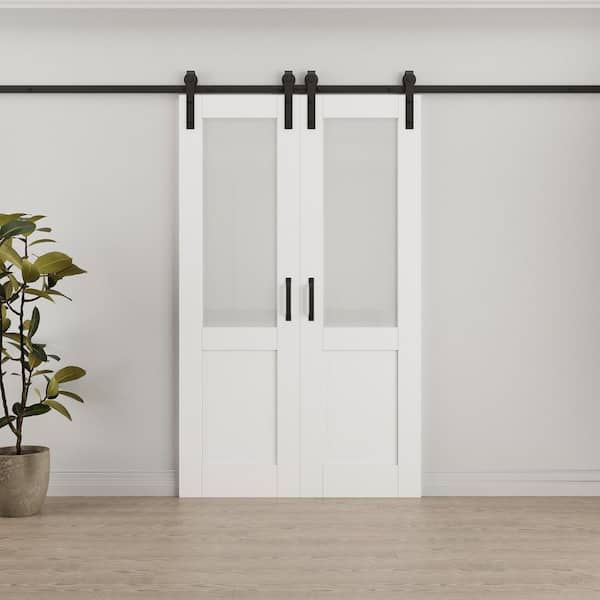 48 in. x 80 in. 1/2-Lite Tempered Frosted Glass White Primed MDF Composite Sliding Barn Door with Hardware Kit