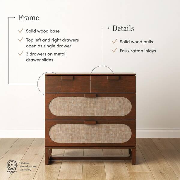 Nathan James Paxton Dark Walnut 3-Drawer 31 in. Mid-Century Dresser with  Solid Wood Legs and Synthetic Rattan Accent 71240