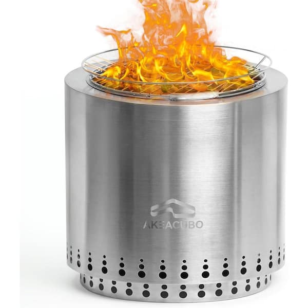 Cesicia 15.95 in. W x 17 in. H Silver Outdoor 304 Stainless Steel Smokeless Fire Pit with Stand Cover for Backyard Patio Garden
