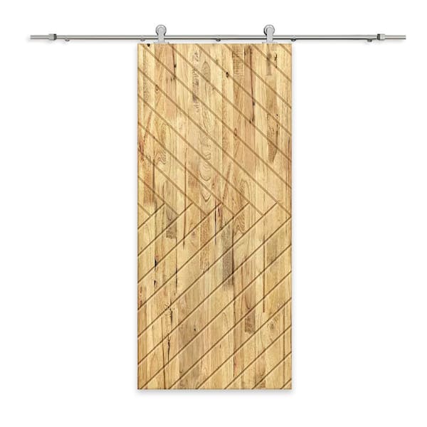 CALHOME 30 in. x 96 in. Weather Oak Stained Pine Wood Modern Interior Sliding Barn Door with Hardware Kit