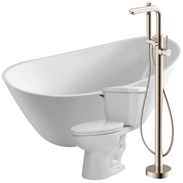 ANZZI Cross 67 in. Acrylic Flatbottom Non-Whirlpool Bathtub in White with Sens Faucet and Kame 1.28 GPF Toilet