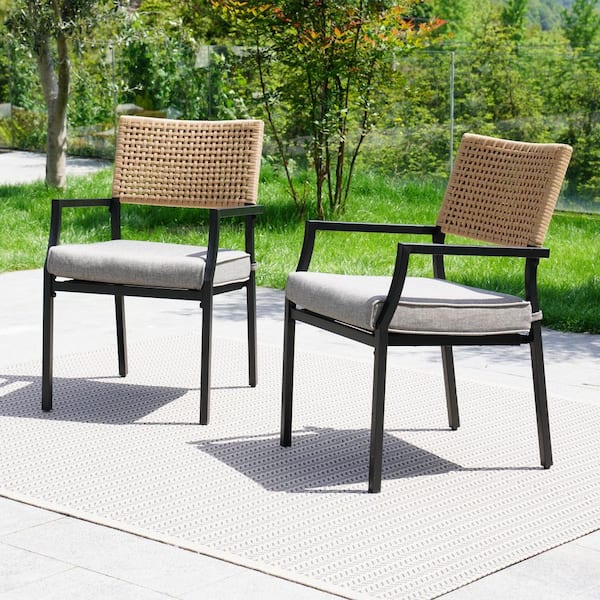 Outdoor Dining Chair, Stackable Wicker Chairs Set with Cushions and Armrest，Set of 2