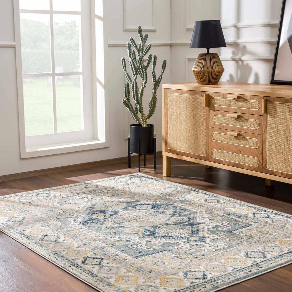 Brend Blue and Beige Medallion Polypropylene Area Rug