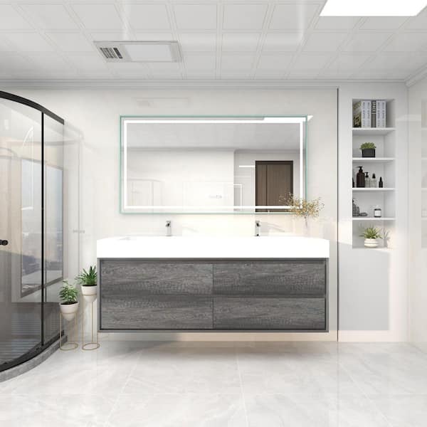 BV Better Vanity Saggie 71 in. W. x 20 in. D x 28 in. H Double Sink Floating Bath Vanity in Smoke Oak with White Acrylic Top