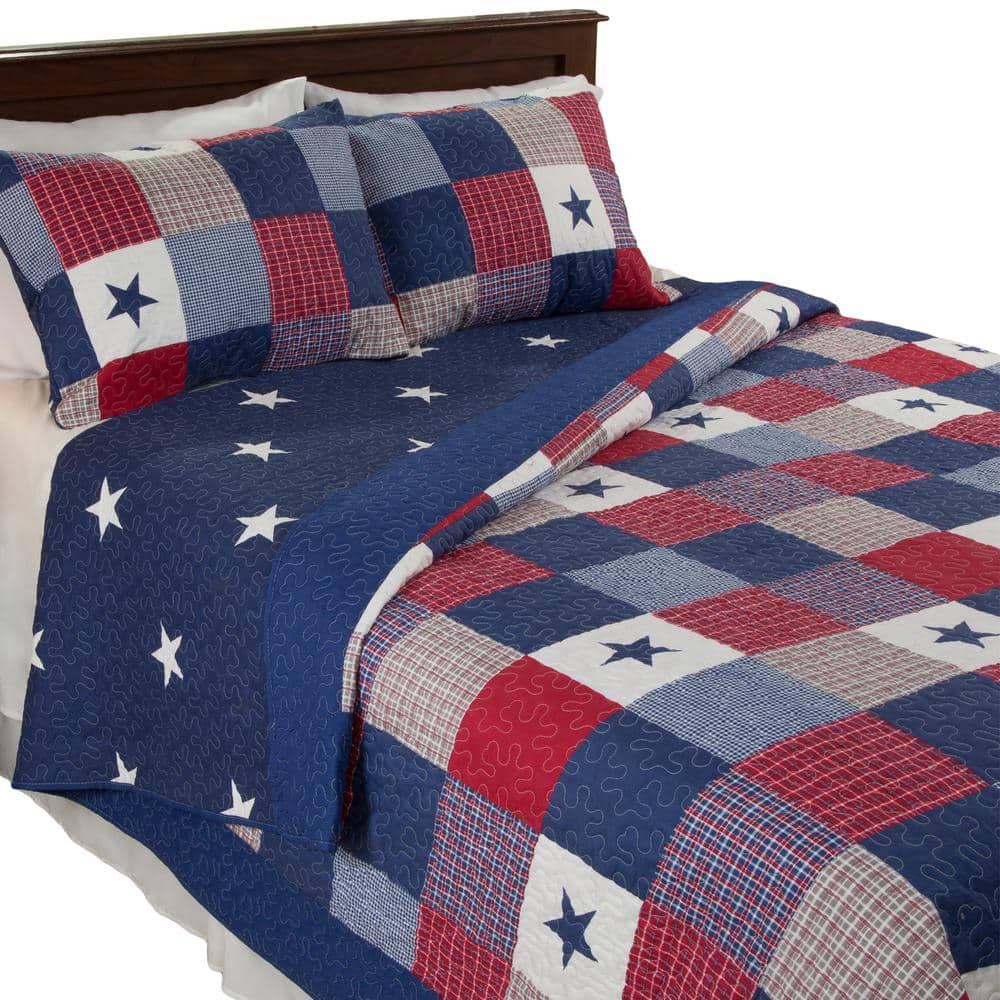 Patriotic Patchwork King Microfiber Quilt Set in Red, White, and Blue
