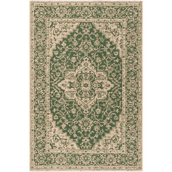 SAFAVIEH Beach House Green/Cream Doormat 2 ft. x 4 ft. Border Floral Indoor/Outdoor Area Rug