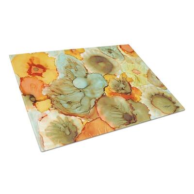 Abstract Flowers Teal and Orange Tempered Glass Large Heat Resistant Cutting Board