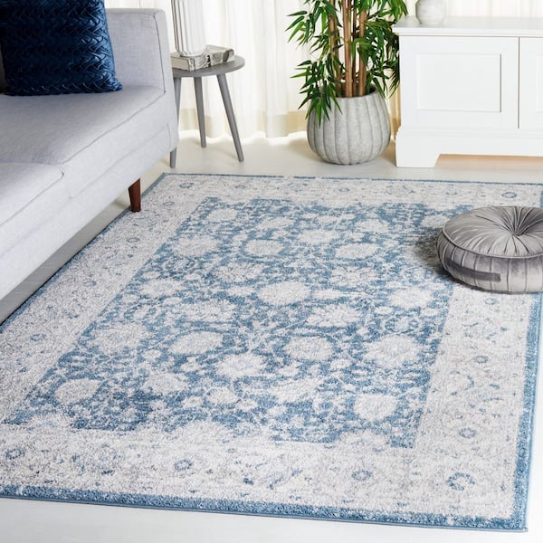 Layla 5 ft. x 8 ft. Blue/Ivory Gray Border Floral Area Rug