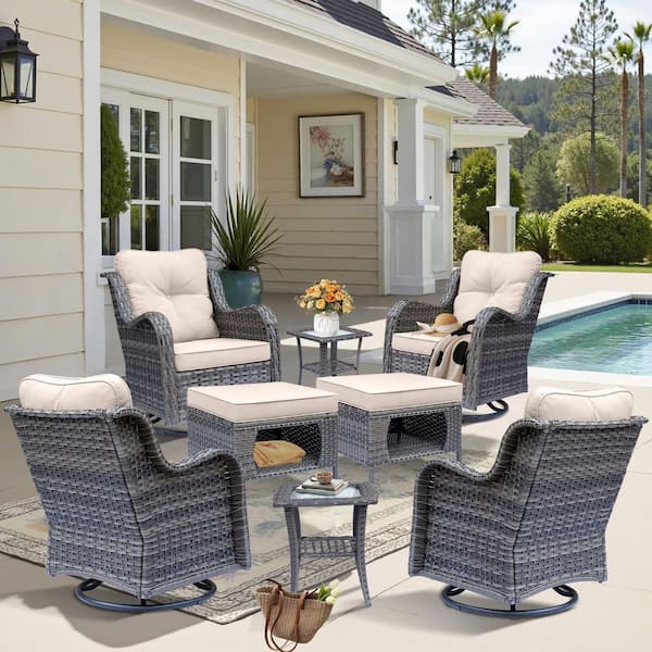 Gray 8-Piece Wicker Patio Conversation Set Swivel Rocking Chairs with Beige Cushions and Ottomans