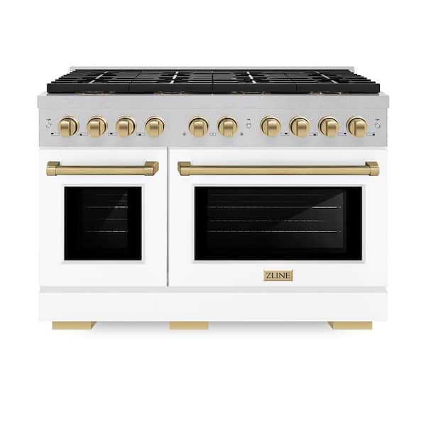 Autograph 48 in 6.7 cu. ft. Dual Fuel Range with 8-Burner Cooktop and Dual Ovens in Satin with White Matte and Champagne