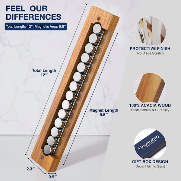 12 in. Acacia Wood Magnetic Knife Holder Strip Wall Mount Knife Storage Rack with Adhesive and Drill Mount Options