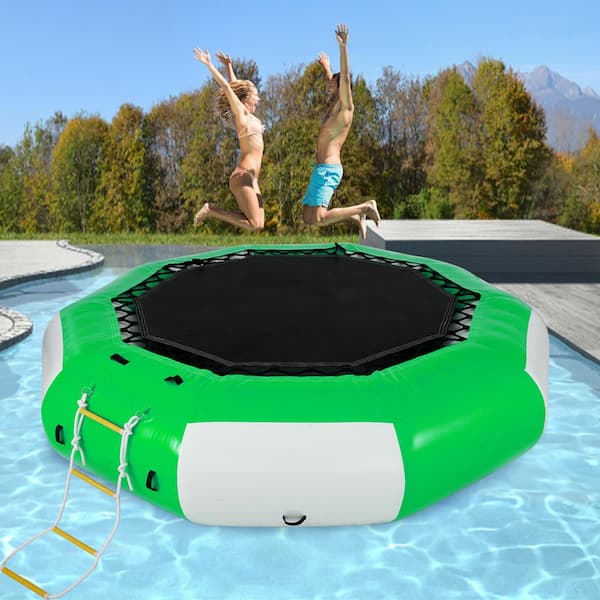 VEVOR Inflatable Trampoline 10 ft. Round Inflatable Water Bouncer 4-Step Ladder for Water Sports,Green and White The Home Depot