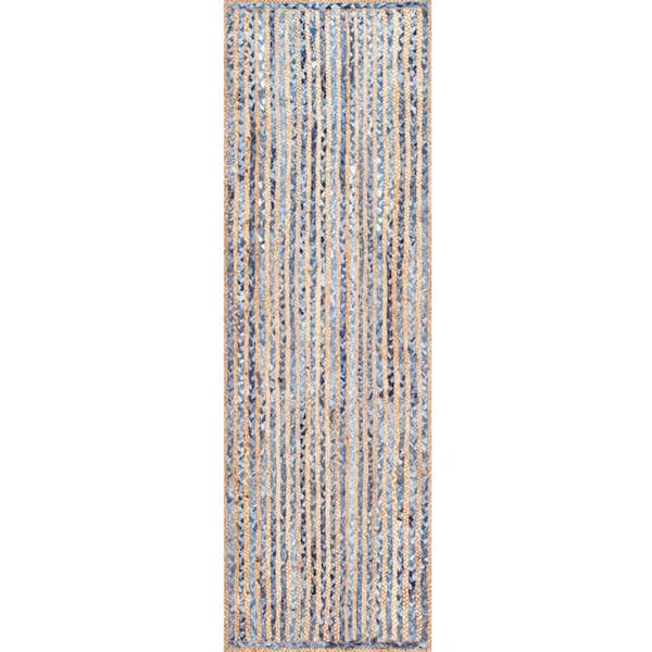 nuLOOM Hand Braided Striped Dara Jute Blue 2 ft. 6 in. x 12 ft. Runner Rug