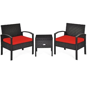 Black Rattan 3-Piece Wicker Patio Conversation Set With Red Cushions