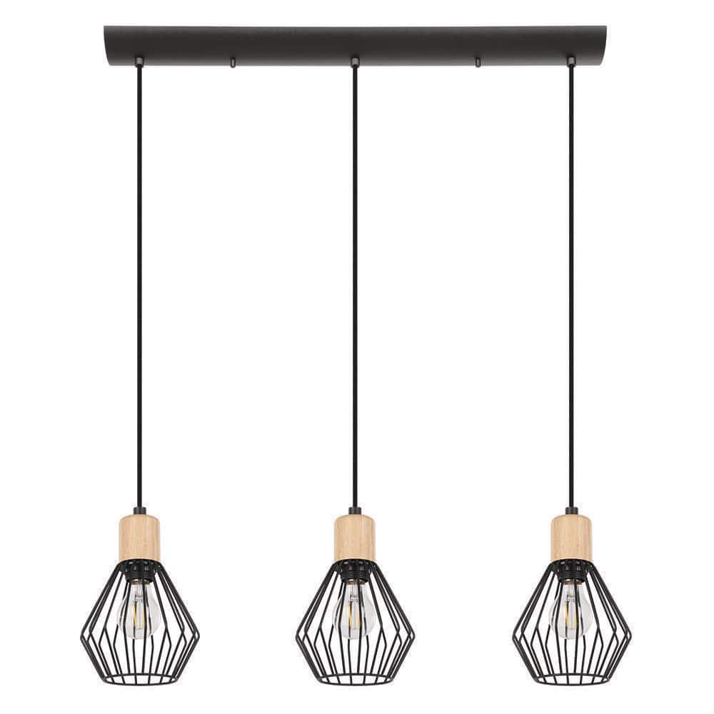 Eglo Pamorla 31.5 in. W x 8.5 in. H 3-Light Structured Black Linear Pendant Light with Open Frame Shades and Wood Accents -  43378A