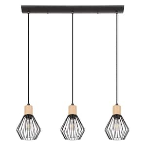 Pamorla 31.5 in. W x 8.5 in. H 3-Light Structured Black Linear Pendant Light with Open Frame Shades and Wood Accents