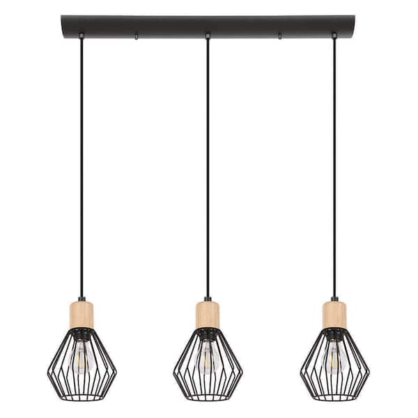 Eglo Pamorla 31.5 in. W x 8.5 in. H 3-Light Structured Black Linear Pendant Light with Open Frame Shades and Wood Accents