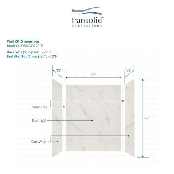 Transolid - Expressions 32 in. x 60 in. x 72 in. 3-Piece Easy Up Adhesive Alcove Shower Wall Surround in Bianca