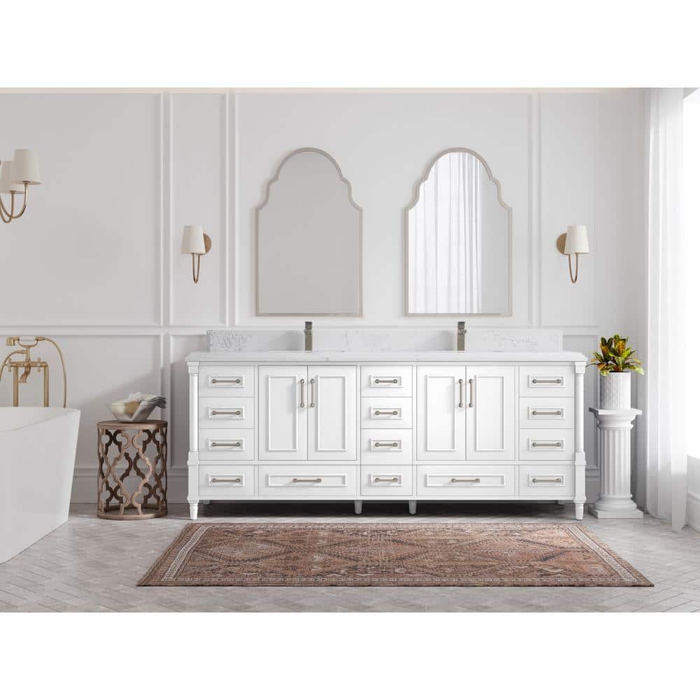 Hudson 84" White Solid Wood Double Sink Freestanding Vanity with Quartz Top