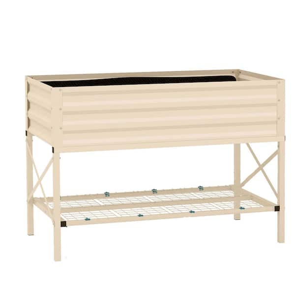 Siavonce Raised Garden Bed with Steel Frame, Storage Shelf and Bed Liner, Elevated Planter Box with Legs for Flowers, Cream