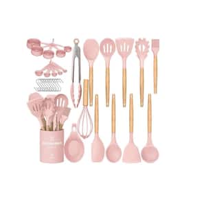 33-Piece Silicon Cooking Utensils Set with Wooden Handles and Holder for Non-Stick Cookware, Pink