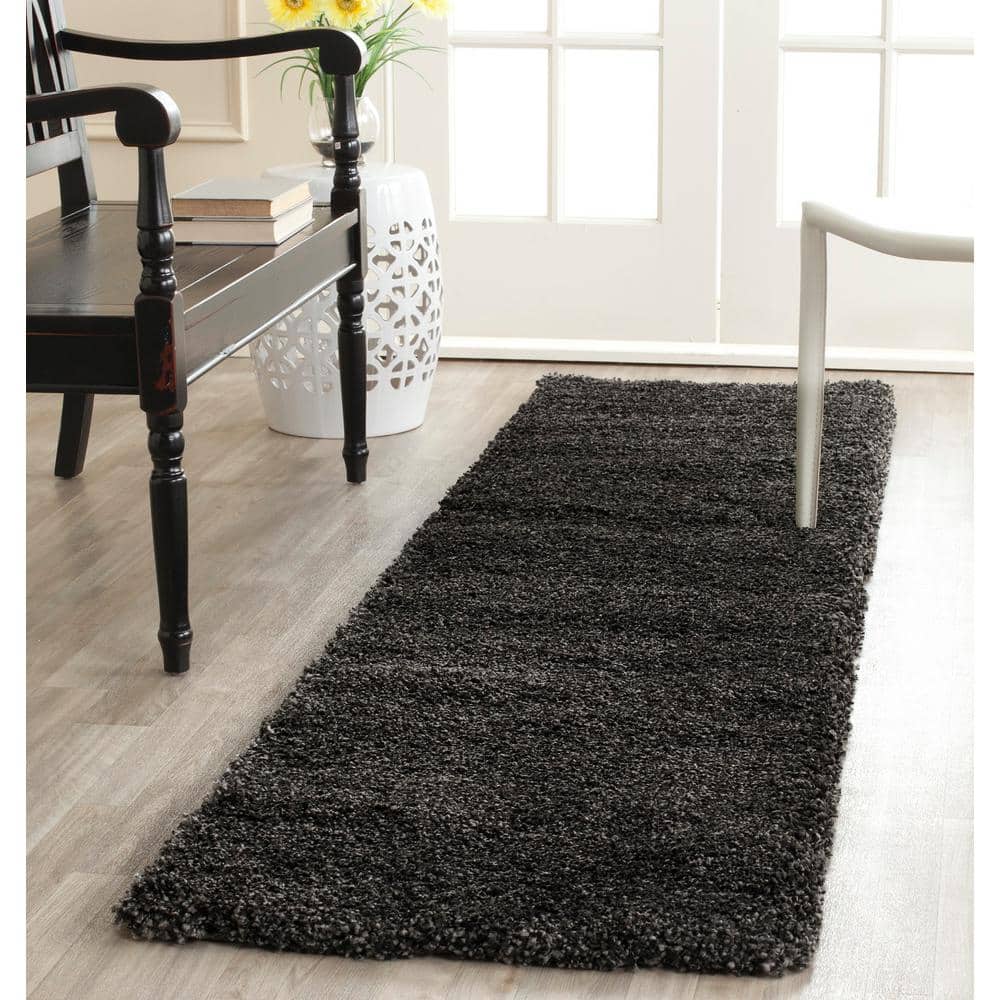Dark Grey Synthetic Shag Runner Rug, 2' x 6'