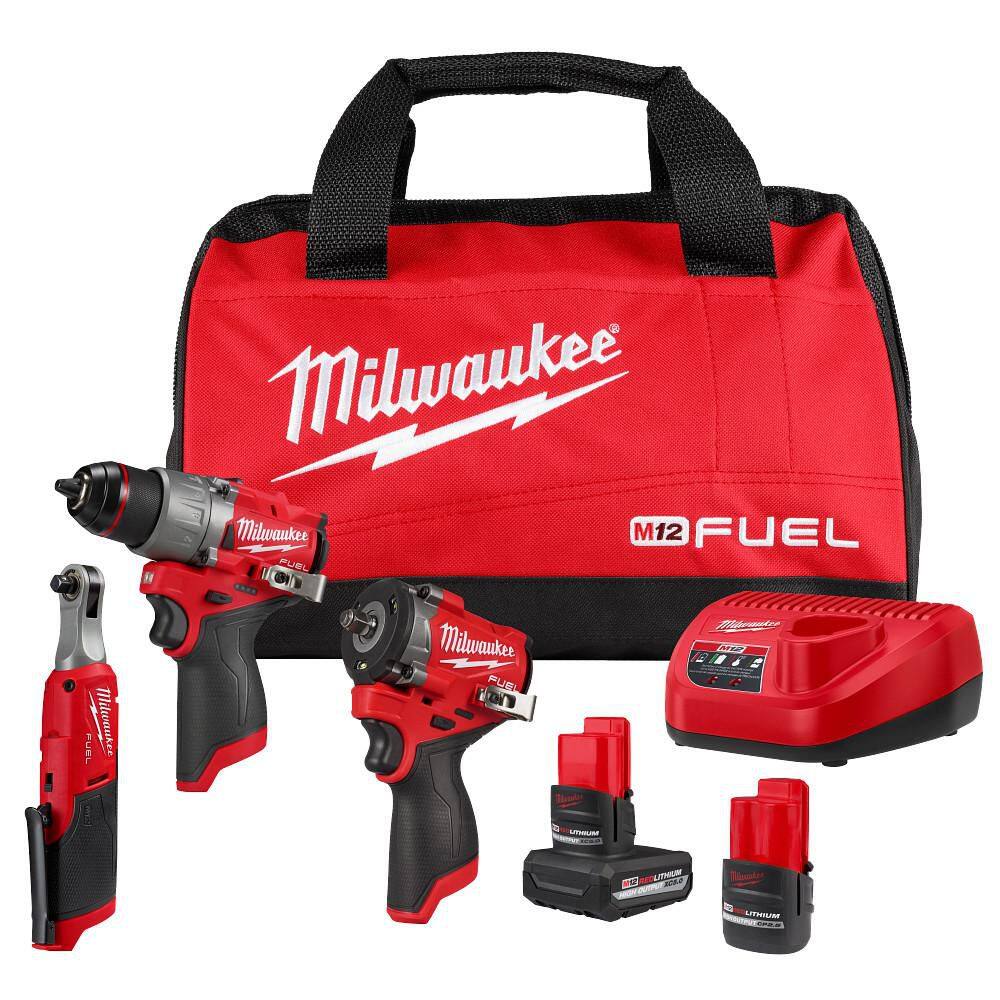 M12 FUEL 12V Lithium-Ion Cordless Drill Driver, Impact Wrench, and Ratchet Combo Kit (3-Tool) w/Batteries, Charger & Bag