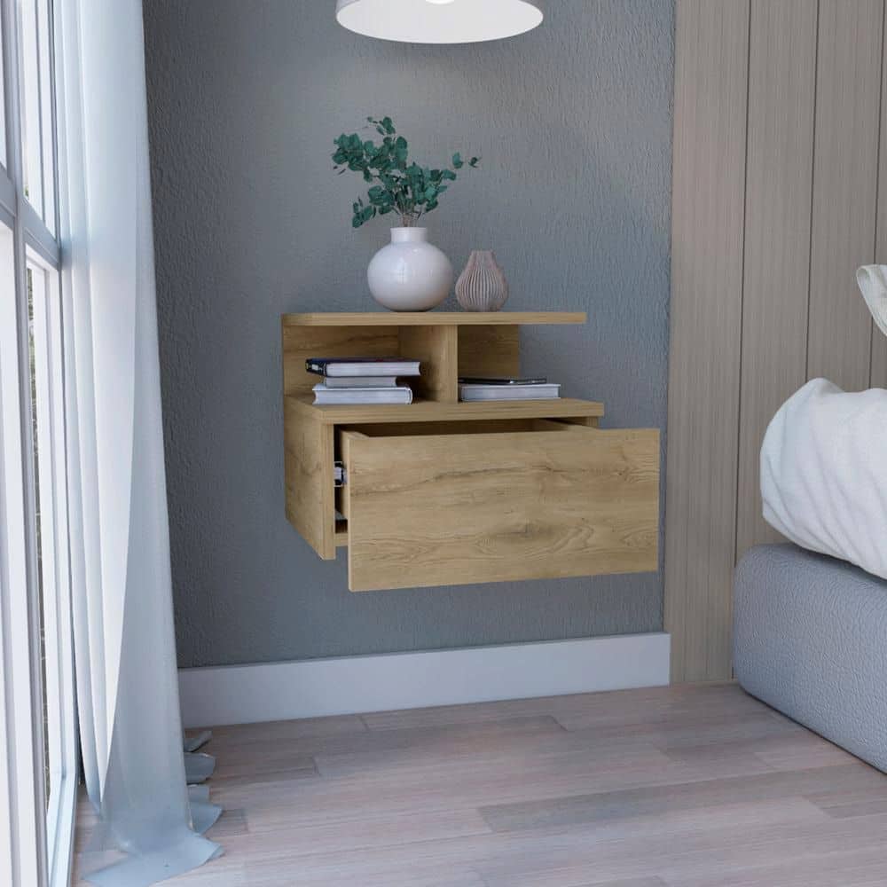 Beige Floating Nightstand with Drawer, Wall-Mounted Bedside Table with Open Shelf