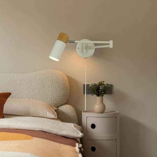 Nordic White Swing Arm Wall Light – Adjustable Wood & Iron Sconce For Bedroom Reading Or Living Room