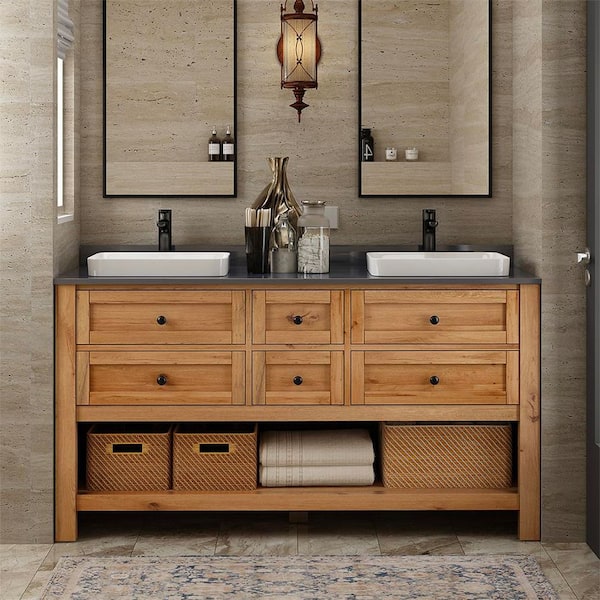 60 in. Double Sink Reclaimed Wood Bath Vanity with Grey Engineered Stone Top (Assembled)