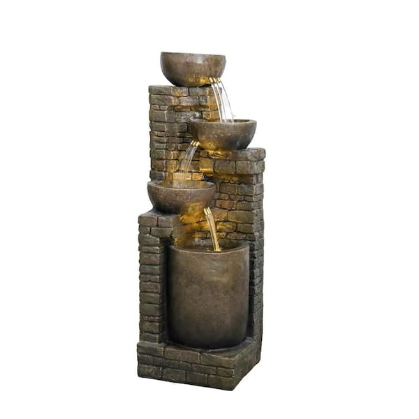 38.2 in. Resin Rustic Garden Fountain with LED Lights, 4-Tiered Urns Indoor Outdoor Freestanding Waterfall Fountains