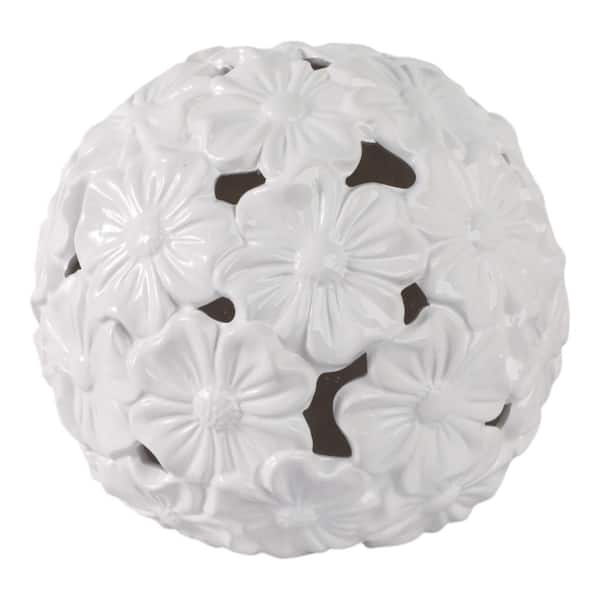 12 in. x 11 in. White Stoneware Flower Cut-Out Orb Garden Statue
