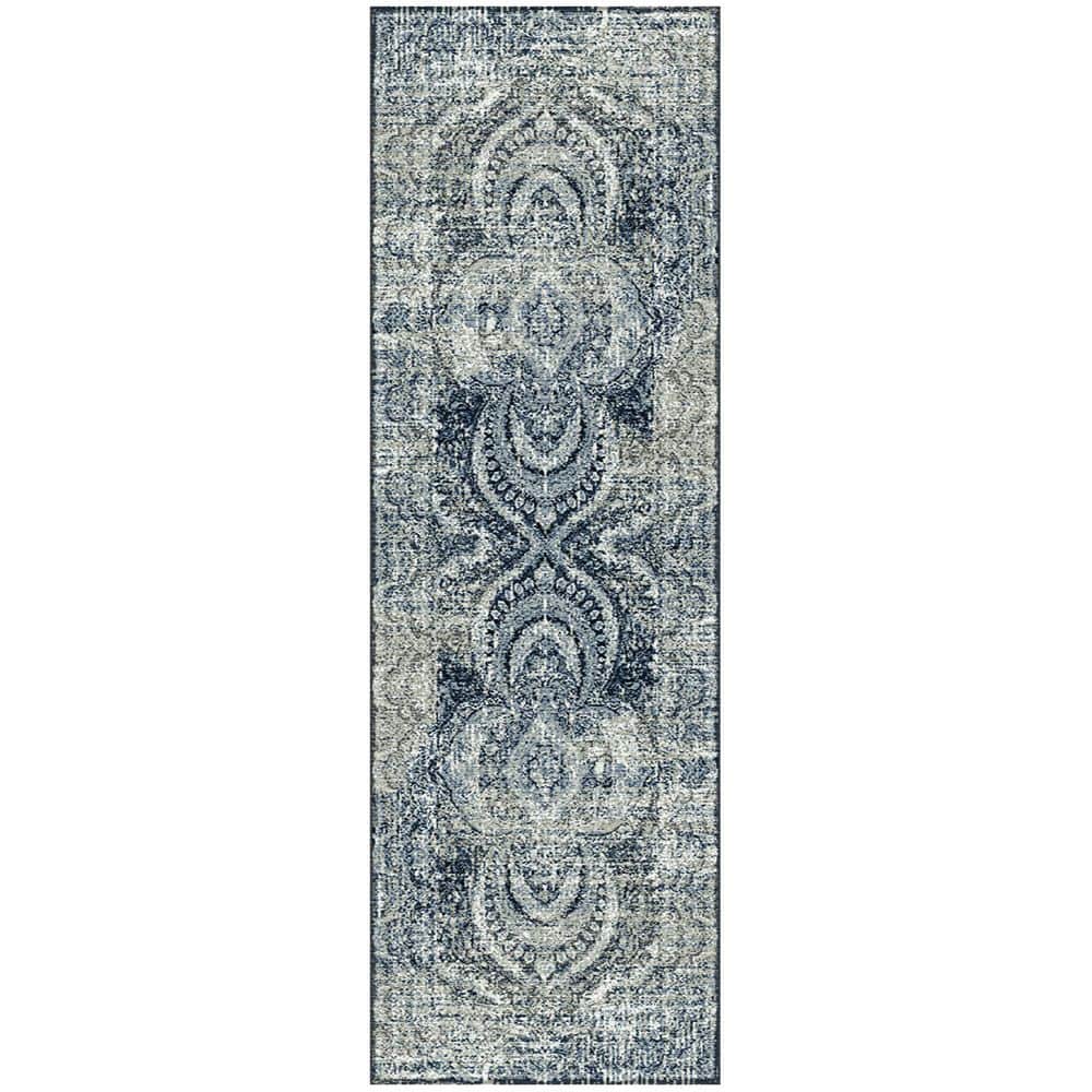 Blue-Beige Medallion Synthetic Runner Rug, 2' 7" x 8'