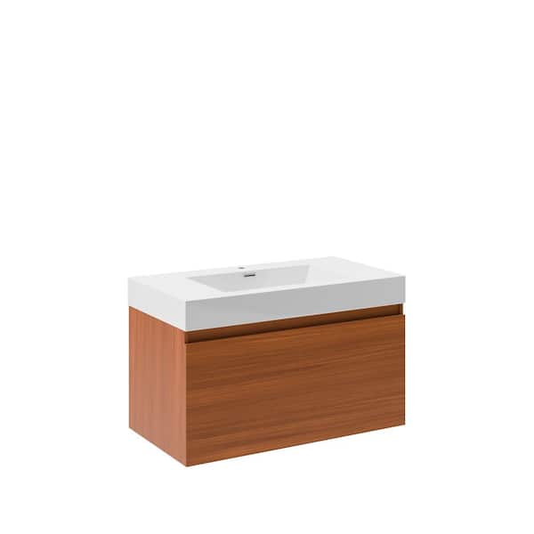 Fresca Mezzo 36 in. Modern Wall Hung Bath Vanity in Teak with Vanity Top in White with White Basin