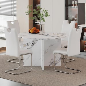 5-Piece Round White MDF Top Dining Table Set Seats 4 with 4 White PU Upholstered Chairs