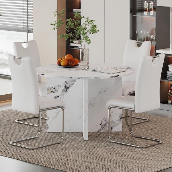 Harper & Bright Designs 5-Piece Round White MDF Top Dining Table Set Seats 4 with 4 White PU Upholstered Chairs