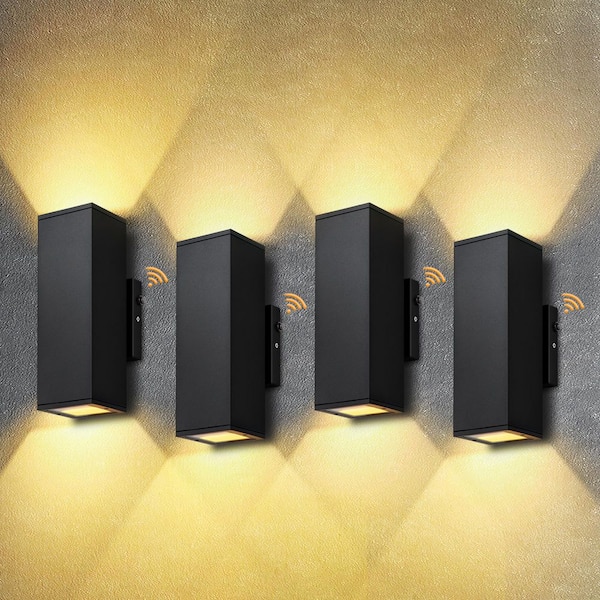 2-Light Rectangular Dusk to Dawn Sensor Black Indoor/Outdoor LED Wall Light, Up/Down Outdoor Wall Lantern Sconce(4-Pack)
