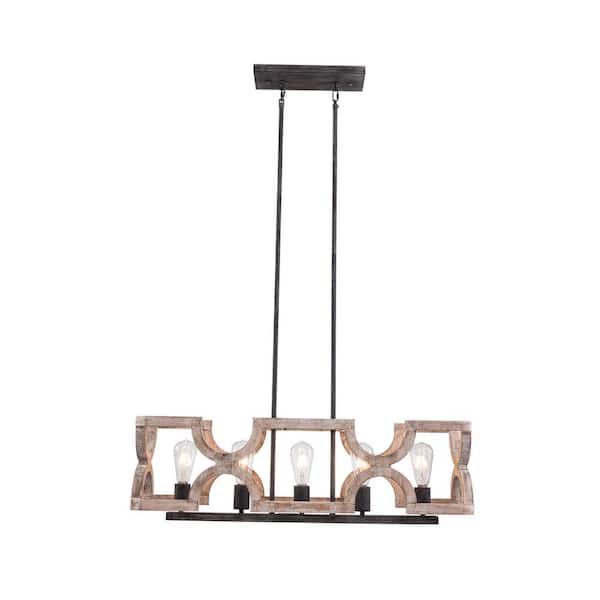 Russel French Country 5-Light Weathered Wood Kitchen Island Linear Pendant Chandelier